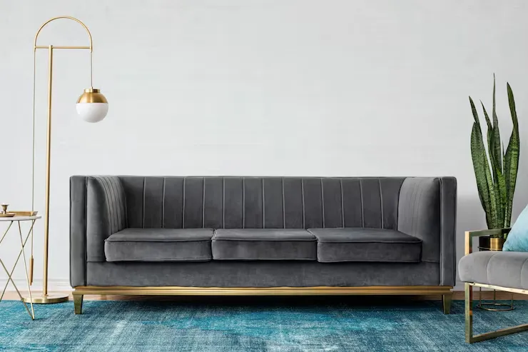 chic mid century modern luxury aesthetics living room with gray velvet couch blue rug 53876 128133 11zon