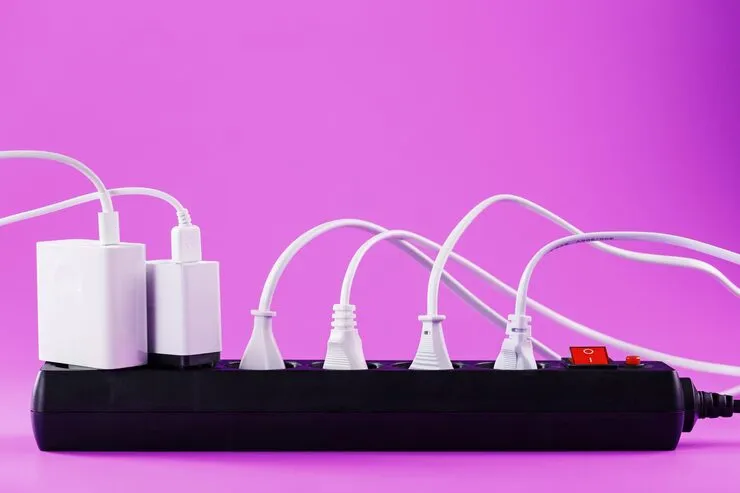 electric mains filter with inserted white plugs electrical appliances pink background 94046 8900 11zon