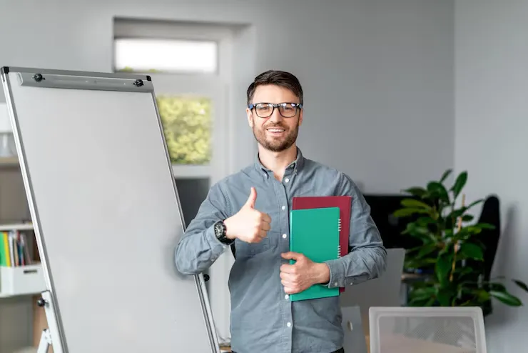 happy middle aged male tutor giving webinar lecture students showing thumb up mockup empty 116547 20349 11zon