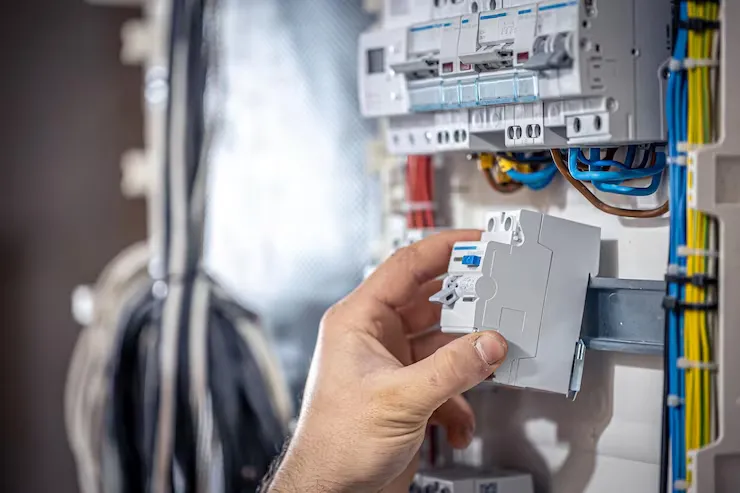 male electrician works switchboard with electrical connecting cable 169016 16570 11zon