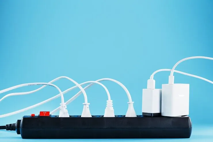 surge protector with connected white wires electrical appliances blue background free space 94046 8894 11zon